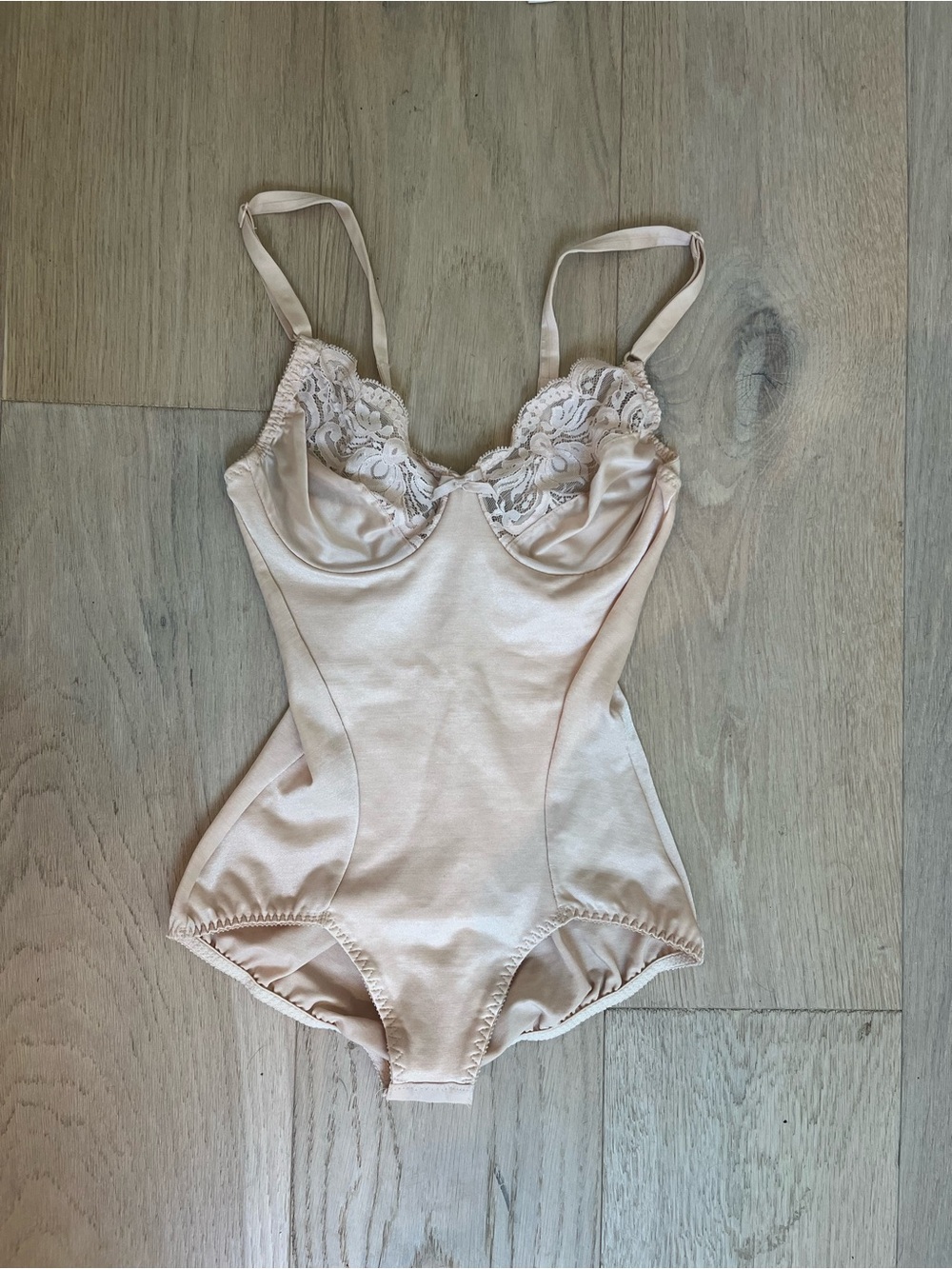 Olga Beige Lace-Trim Satin Bodysuit